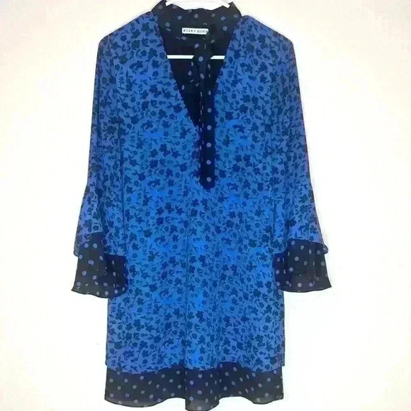 Alice + Olivia Wellesly Tie Neck Bell Sleeve Navy Blue Size Small - Picture 3 of 8